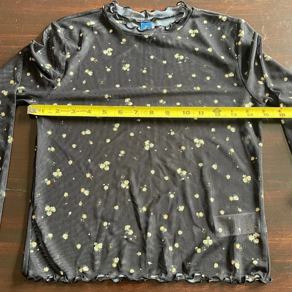 Old Navy Kids Girl XL 14-16 Black Floral Sheer Mesh Long Sleeve Lettuce Edge Top